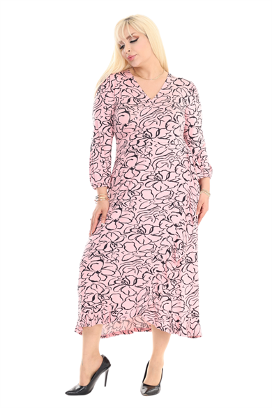 Melsay Butik Kruvaze Yaka Vizon Çiçek Desen Anvelop Etek Midi Elbise