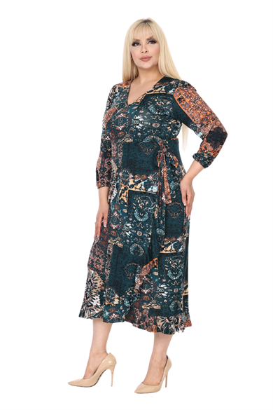 Melsay Butik Kruvaze Yaka Yeşil Etnik Desen Anvelop Etek Midi Elbise