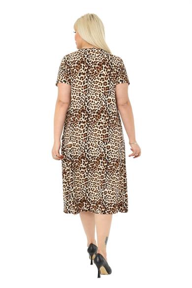 Melsay Butik Küçük Leopar Desen Cepli Kısa Kol Kadın Midi Elbise