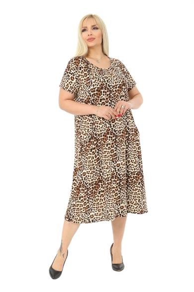 Melsay Butik Küçük Leopar Desen Cepli Kısa Kol Kadın Midi Elbise