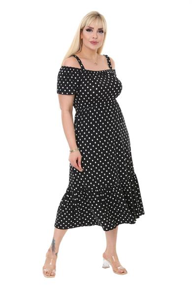 Melsay Butik Küçük Puanlı Madonna Yaka Askılı Midi Elbise