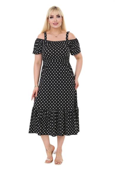 Melsay Butik Küçük Puanlı Madonna Yaka Askılı Midi Elbise