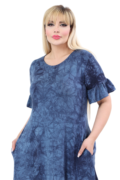 Melsay Butik Lacivert Batik Yıkamalı Cepli Fırfırlı Kısa Kollu Kadın Midi Elbise