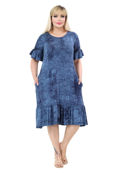 Melsay Butik Lacivert Batik Yıkamalı Cepli Fırfırlı Kısa Kollu Kadın Midi Elbise