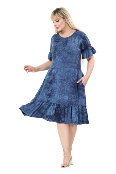 Melsay Butik Lacivert Batik Yıkamalı Cepli Fırfırlı Kısa Kollu Kadın Midi Elbise