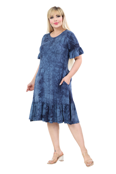 Melsay Butik Lacivert Batik Yıkamalı Cepli Fırfırlı Kısa Kollu Kadın Midi Elbise