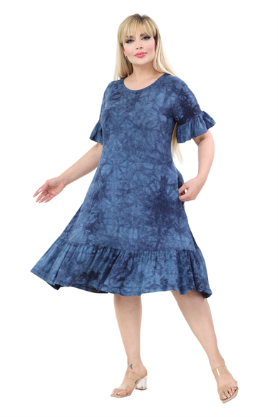 Melsay Butik Lacivert Batik Yıkamalı Cepli Fırfırlı Kısa Kollu Kadın Midi Elbise
