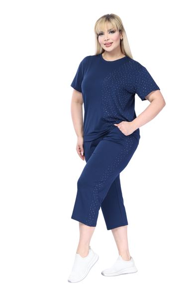 Melsay Butik Lacivert Kısa Kollu Yarım Taş Baskılı Viskon Kapri Takım