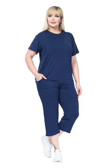 Melsay Butik Lacivert Kısa Kollu Yarım Taş Baskılı Viskon Kapri Takım