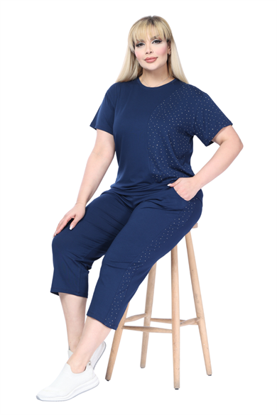 Melsay Butik Lacivert Kısa Kollu Yarım Taş Baskılı Viskon Kapri Takım