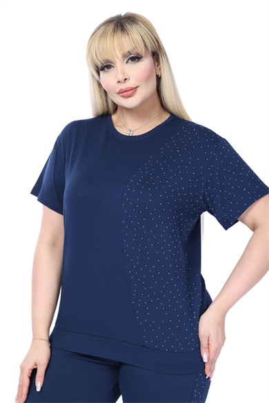 Melsay Butik Lacivert Kısa Kollu Yarım Taş Baskılı Viskon Kapri Takım