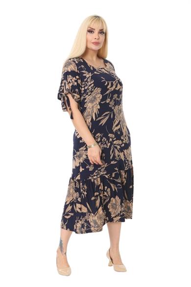 Melsay Butik Lacivert Palmiye Desen Bağlamalı Kısa Kollu Kadın Midi Elbise