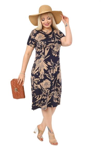 Melsay Butik Lacivert Palmiye Desen Kısa Kollu Büyük Beden Midi Elbise