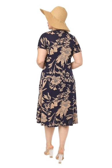 Melsay Butik Lacivert Palmiye Desen Kısa Kollu Büyük Beden Midi Elbise
