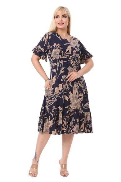 Melsay Butik Lacivert Palmiye Fırfırlı Kısa Kollu Kadın Midi Elbise