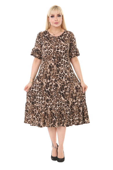 Melsay Butik Leopar Desen Fırfırlı Kısa Kollu Kadın Midi Elbise