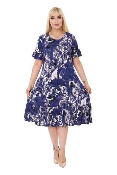 Melsay Butik Mavi Batik Desen Fırfırlı Kısa Kollu Kadın Midi Elbise