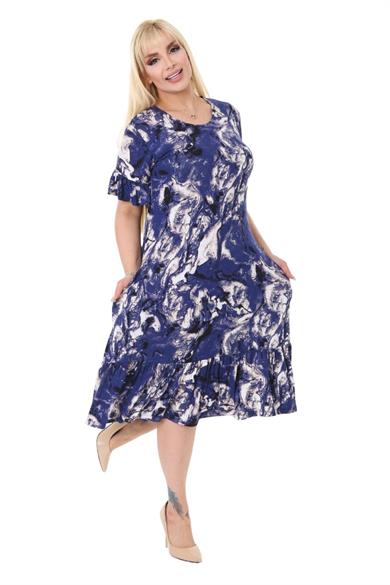Melsay Butik Mavi Batik Desen Fırfırlı Kısa Kollu Kadın Midi Elbise