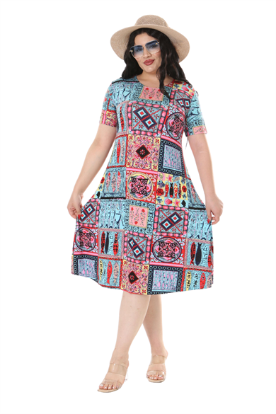 Melsay Butik Mavi Çini Desen Kısa Kollu Büyük Beden Midi Elbise