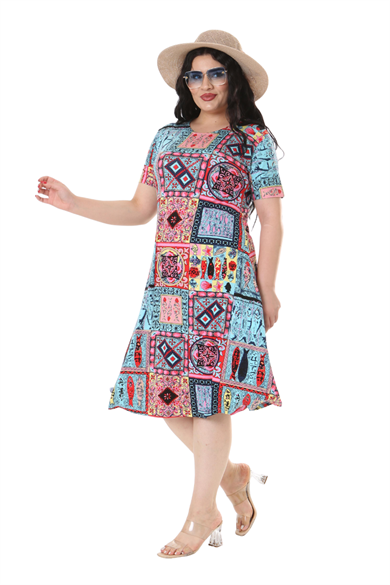 Melsay Butik Mavi Çini Desen Kısa Kollu Büyük Beden Midi Elbise