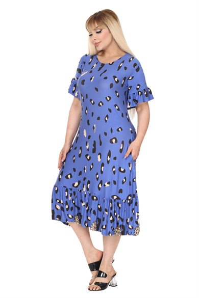 Melsay Butik Mavi Eteği Fırfırlı Sulu Leopar Desen Cepli Elbise