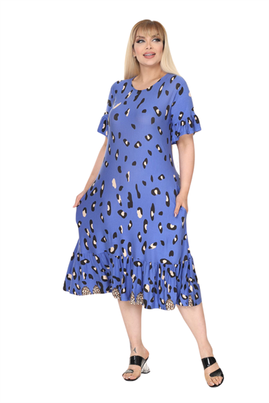 Melsay Butik Mavi Eteği Fırfırlı Sulu Leopar Desen Cepli Elbise
