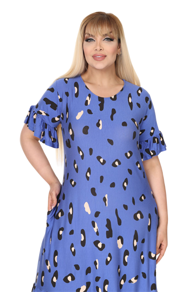 Melsay Butik Mavi Eteği Fırfırlı Sulu Leopar Desen Cepli Elbise