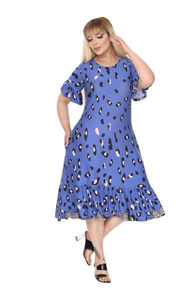 Melsay Butik Mavi Eteği Fırfırlı Sulu Leopar Desen Cepli Elbise