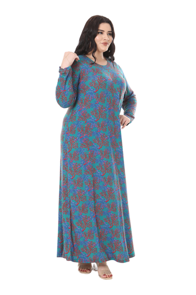 Melsay Butik Mavi Kırmızı Mercan Desen Uzun Kollu Kadın Elbise