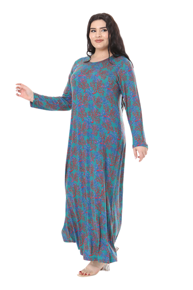 Melsay Butik Mavi Kırmızı Mercan Desen Uzun Kollu Kadın Elbise