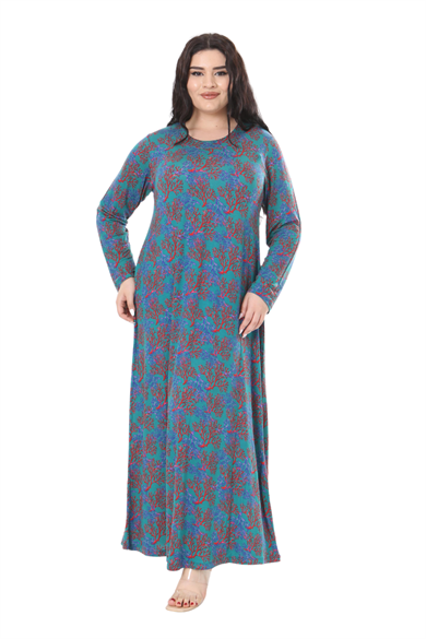 Melsay Butik Mavi Kırmızı Mercan Desen Uzun Kollu Kadın Elbise