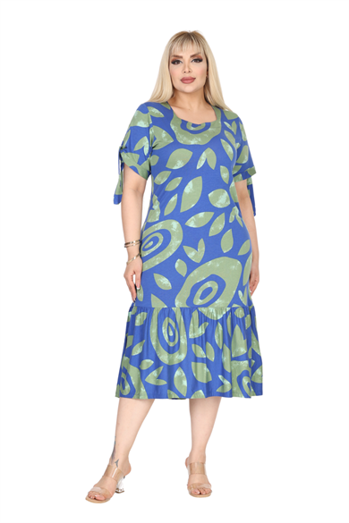 Melsay Butik Mavi Nazar Desen Kolları Bağlamalı Kısa Kollu Elbise