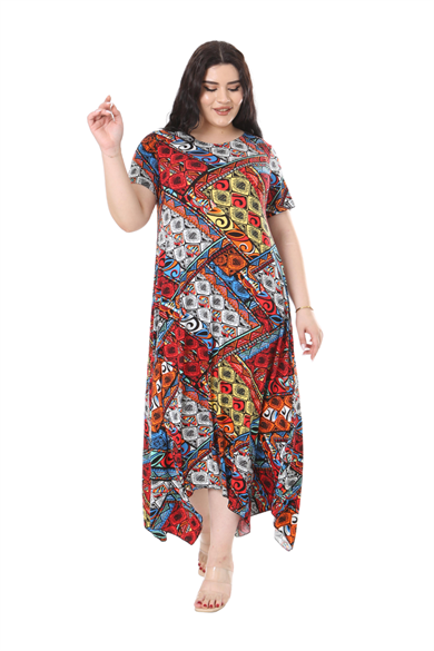 Melsay Butik Mavi Patchwork Desen Asimetrik Kısa Kollu Elbise