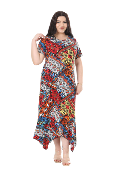 Melsay Butik Mavi Patchwork Desen Asimetrik Kısa Kollu Elbise