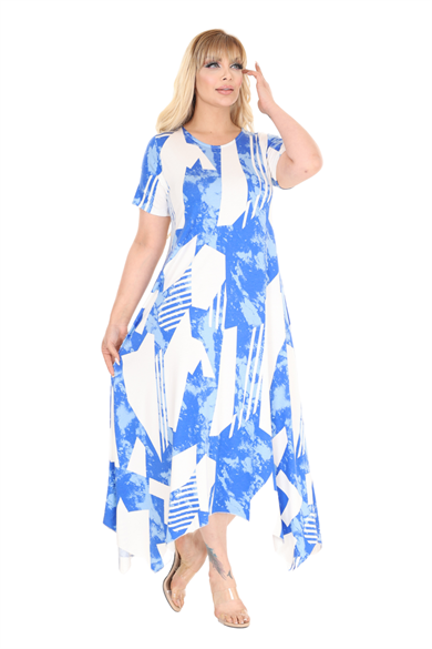 Melsay Butik Mavi Vintage Desen Asimetrik Kısa Kollu Elbise