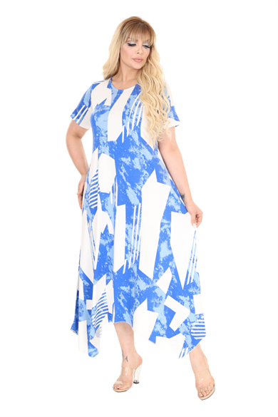 Melsay Butik Mavi Vintage Desen Asimetrik Kısa Kollu Elbise