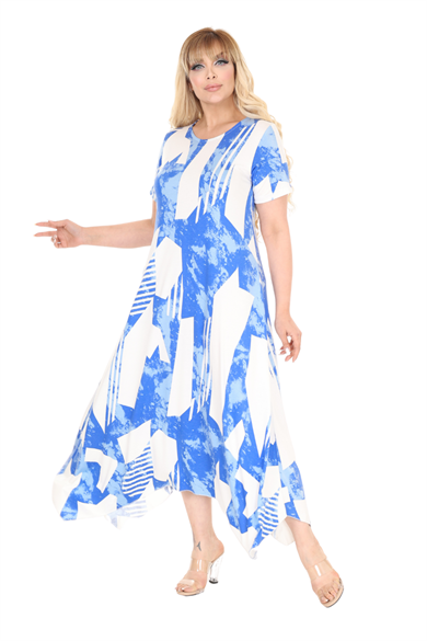 Melsay Butik Mavi Vintage Desen Asimetrik Kısa Kollu Elbise