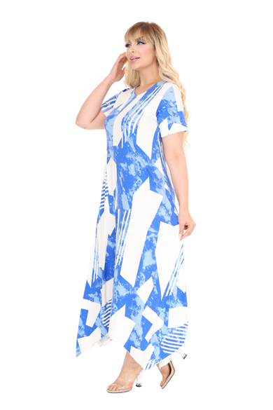 Melsay Butik Mavi Vintage Desen Asimetrik Kısa Kollu Elbise