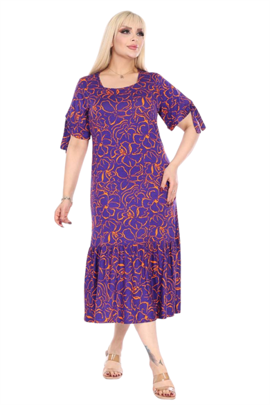 Melsay Butik Mor Çiçek Desen Kolları Bağlamalı Kısa Kollu Kadın Midi Elbise