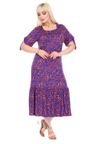 Melsay Butik Mor Çiçek Desen Kolları Bağlamalı Kısa Kollu Kadın Midi Elbise