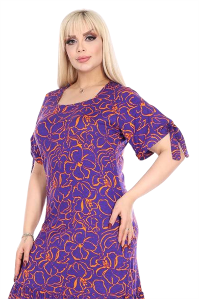 Melsay Butik Mor Çiçek Desen Kolları Bağlamalı Kısa Kollu Kadın Midi Elbise