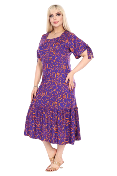 Melsay Butik Mor Çiçek Desen Kolları Bağlamalı Kısa Kollu Kadın Midi Elbise