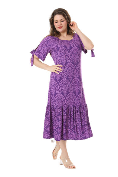 Melsay Butik Mor Dantel Desen Kolları Bağlamalı Kısa Kollu Kadın Midi Elbise