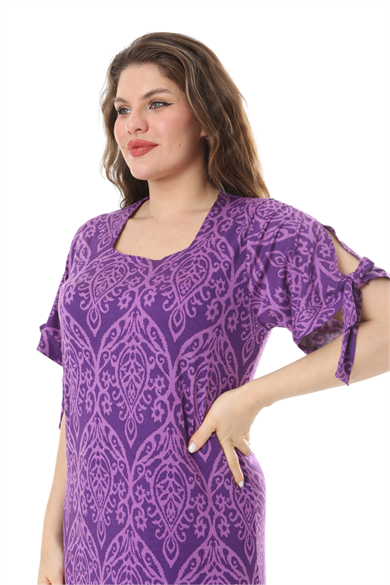 Melsay Butik Mor Dantel Desen Kolları Bağlamalı Kısa Kollu Kadın Midi Elbise