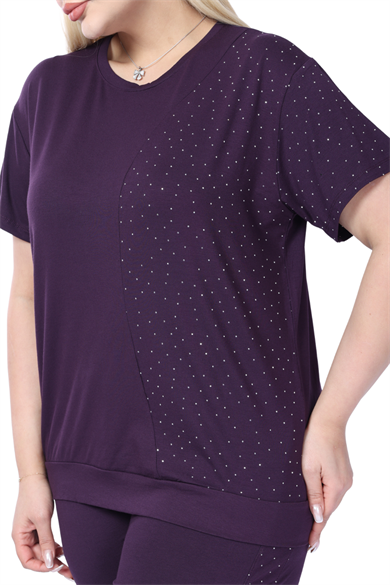 Melsay Butik Mor Kısa Kollu Yarım Taş Baskılı Viskon Kapri Takım