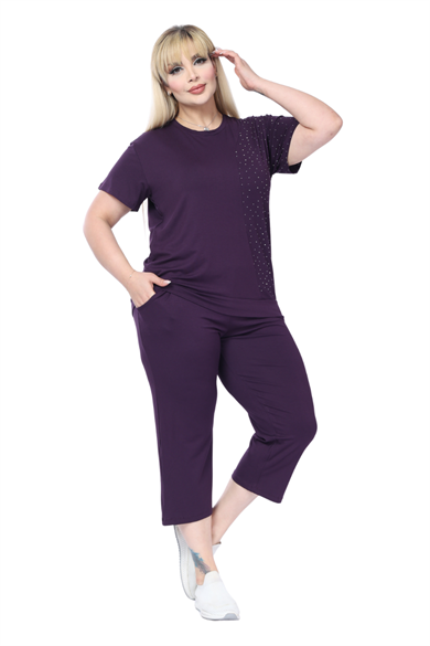Melsay Butik Mor Kısa Kollu Yarım Taş Baskılı Viskon Kapri Takım