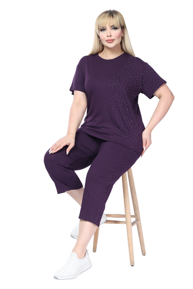 Melsay Butik Mor Kısa Kollu Yarım Taş Baskılı Viskon Kapri Takım