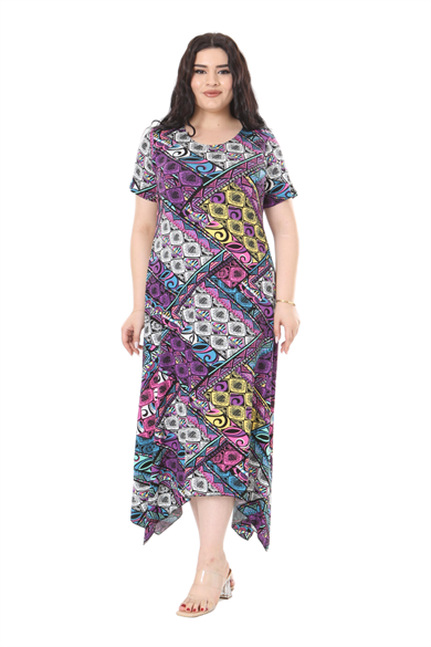 Melsay Butik Mor Patchwork Desen Asimetrik Kısa Kollu Elbise