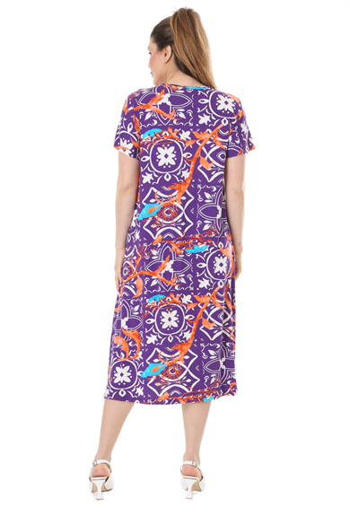 Melsay Butik Mor Retro Desen Kuplu Cepli Kısa Kol Kadın Midi Elbise