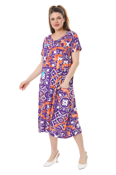 Melsay Butik Mor Retro Desen Kuplu Cepli Kısa Kol Kadın Midi Elbise